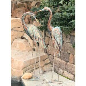 Garden Crane Statues, Standing Metal Patina Heron Decoy Outdoor Statue